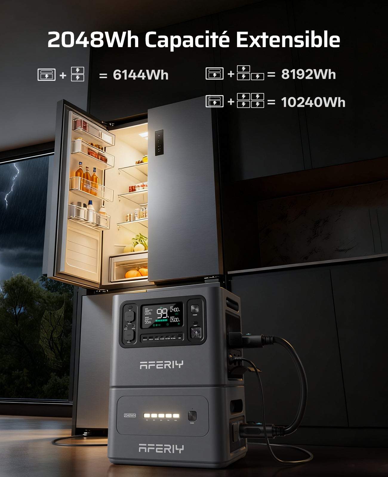 La station d’énergie portable AFERIY P280 de 2 800 W offre 2 048 Wh et se connecte à 4 batteries d’extension pour alimenter un réfrigérateur et d’autres appareils.