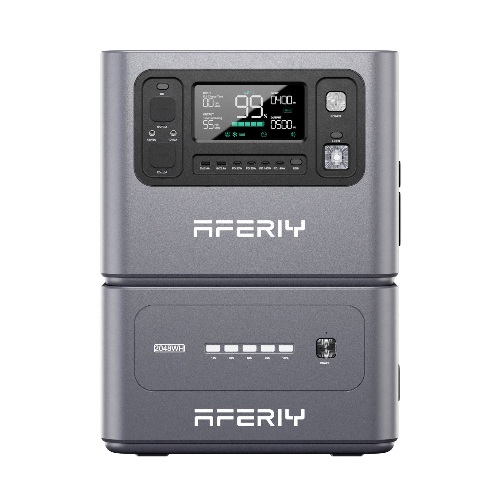 Avec une capacité de base de 2 048 Wh, la station électrique portable AFERIY P280 de 2 800 W peut atteindre 4 096 Wh avec une seule batterie d’extension.