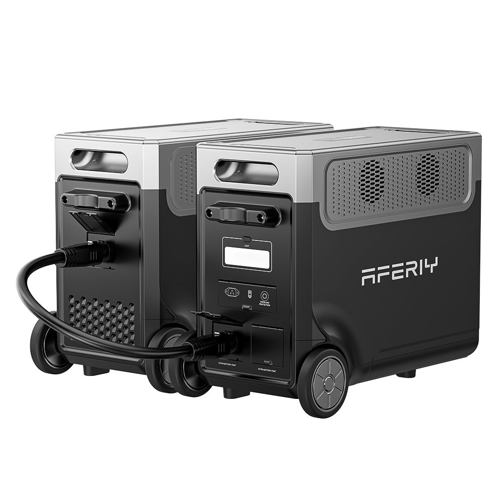 La station électrique portable AFERIY P310 de 3 600 W et 3 840 Wh peut être connectée à une batterie d’extension via un câble parallèle pour porter la capacité à 7 680 Wh.