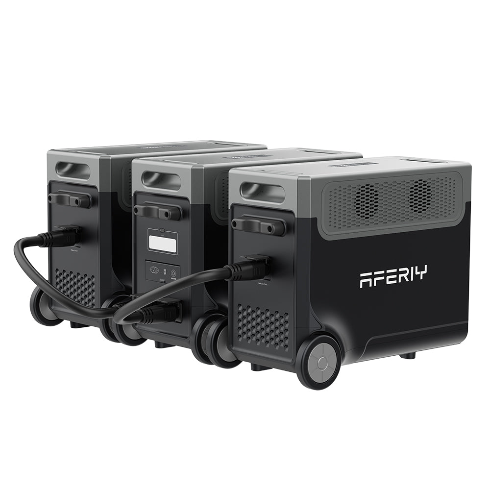Avec deux câbles parallèles, deux batteries d’extension peuvent être raccordées à la station électrique portable AFERIY P310 de 3 600 W et 3 840 Wh pour augmenter sa capacité.