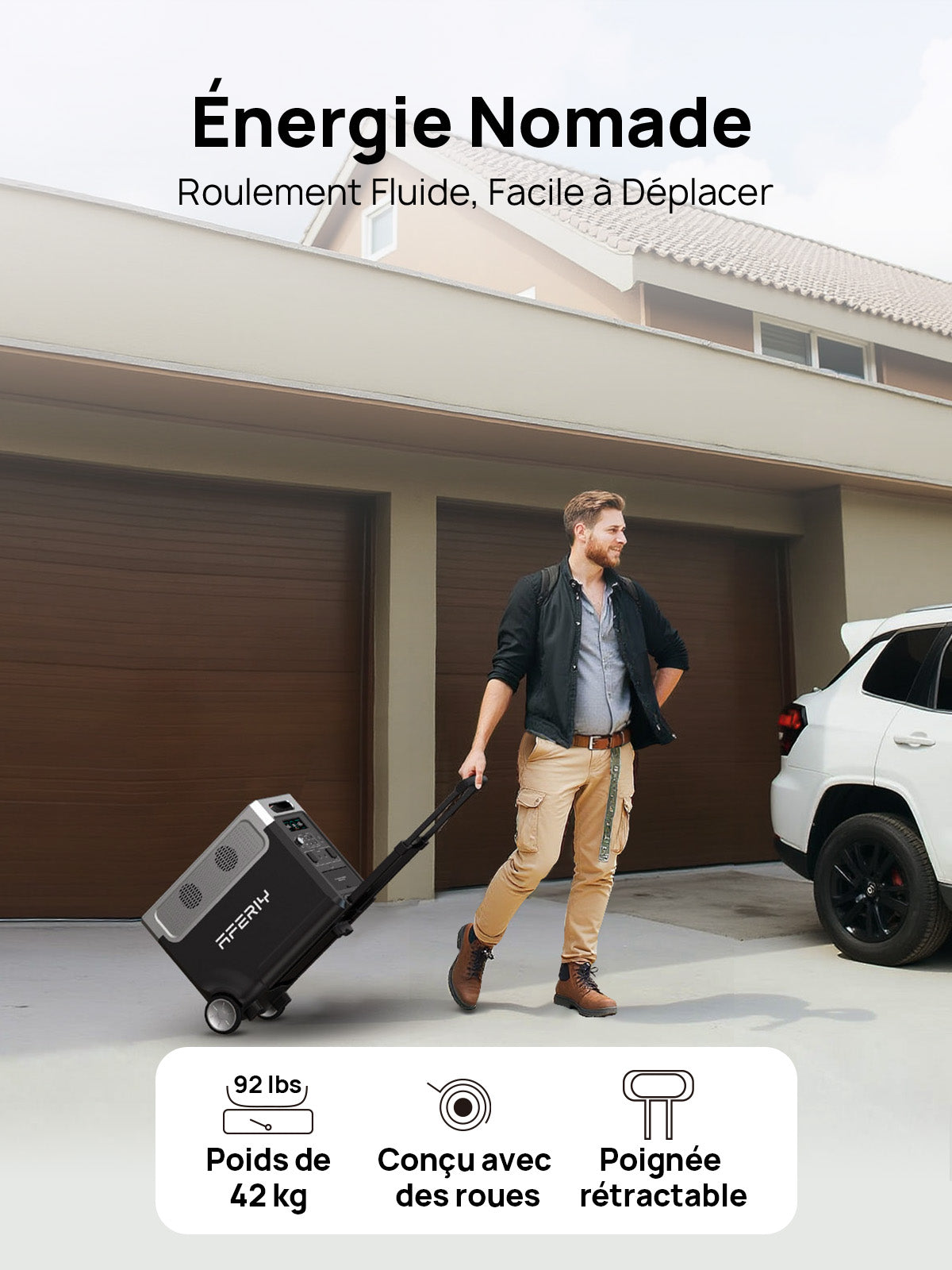 Grâce à ses roues et à sa poignée télescopique, la station électrique portable AFERIY P310 de 3 600 W et 3 840 Wh se transporte facilement pour fournir de l’énergie partout.