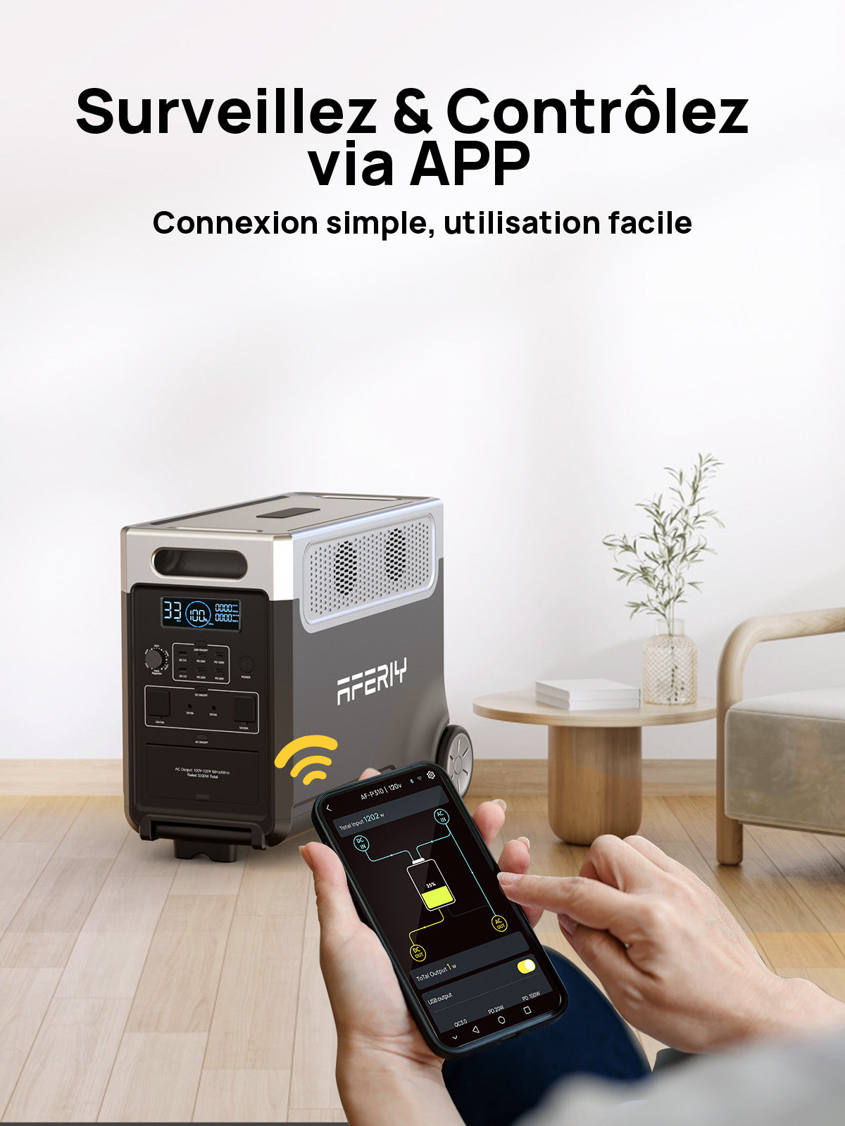 La station électrique portable AFERIY P310 de 3 600 W et 3 840 Wh se contrôle et se surveille intelligemment via une application mobile.